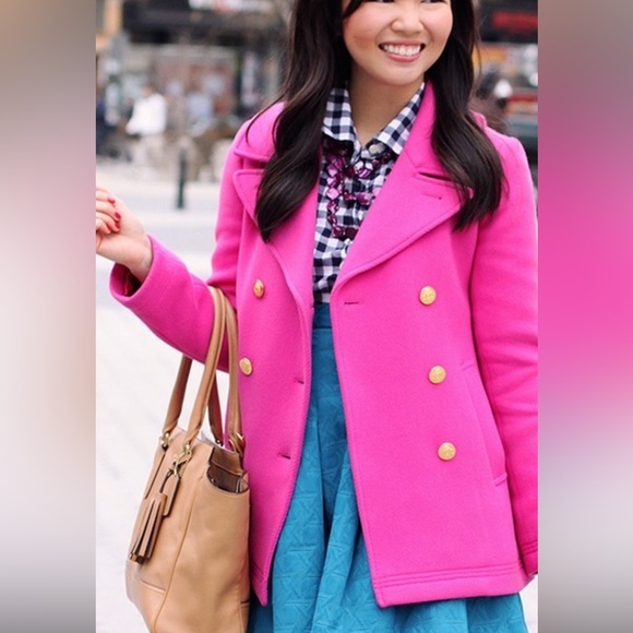 J.Crew 💕 Barbie Hot Pink Stadium Spring Short Double Breasted Fuchsia Pea Coat - Picture 13 of 13
